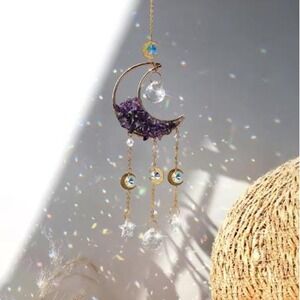 Colorful Crystal Gemstone Moon‎ Suncatcher in Purple Amethyst